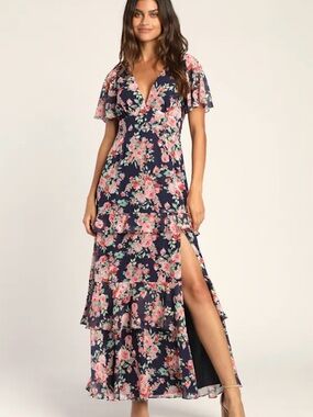 NWT Lulus Fantastic Florals Navy Floral Print Tiered Maxi Dress Sz XS